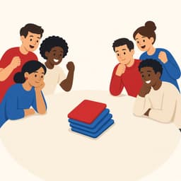 Two teams around a stack of cards